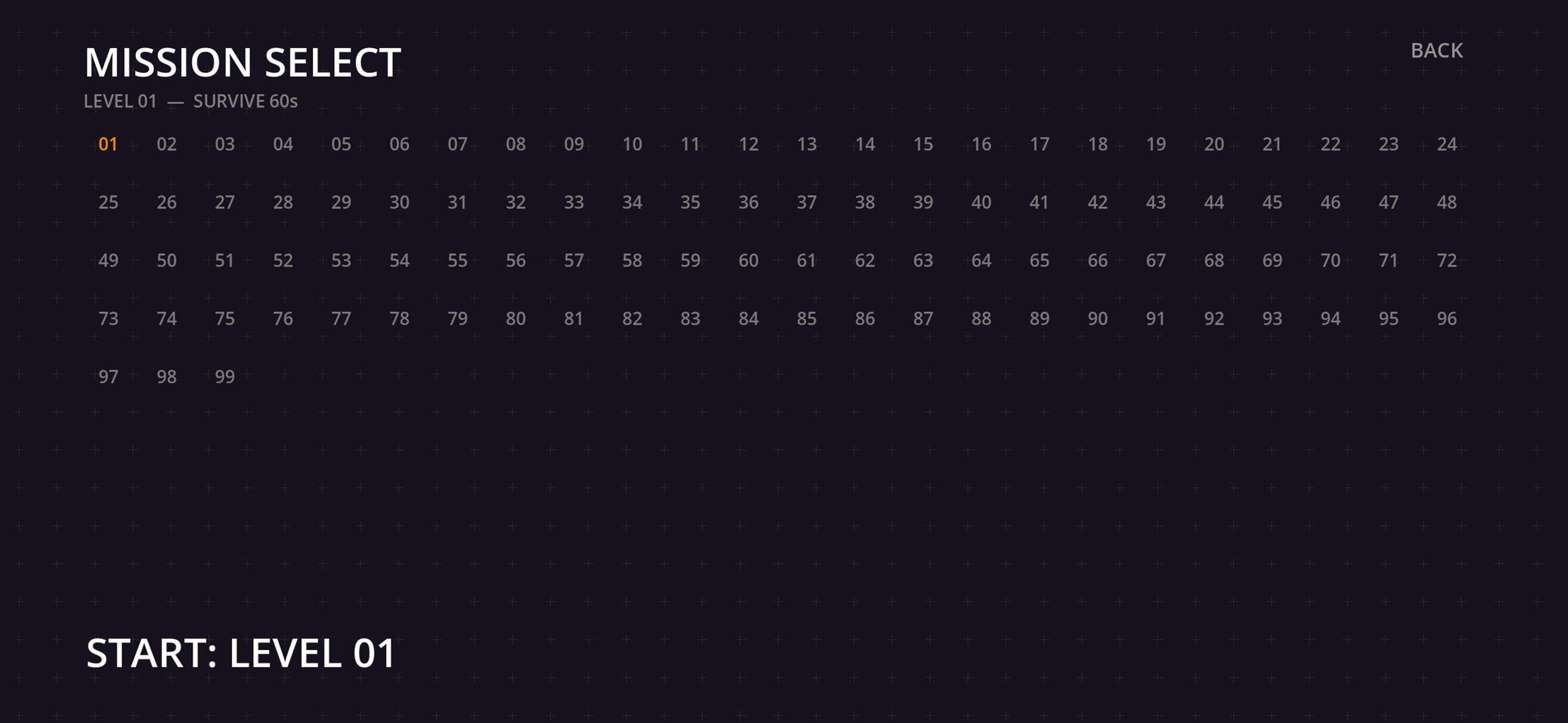 Mission select grid of 99 levels